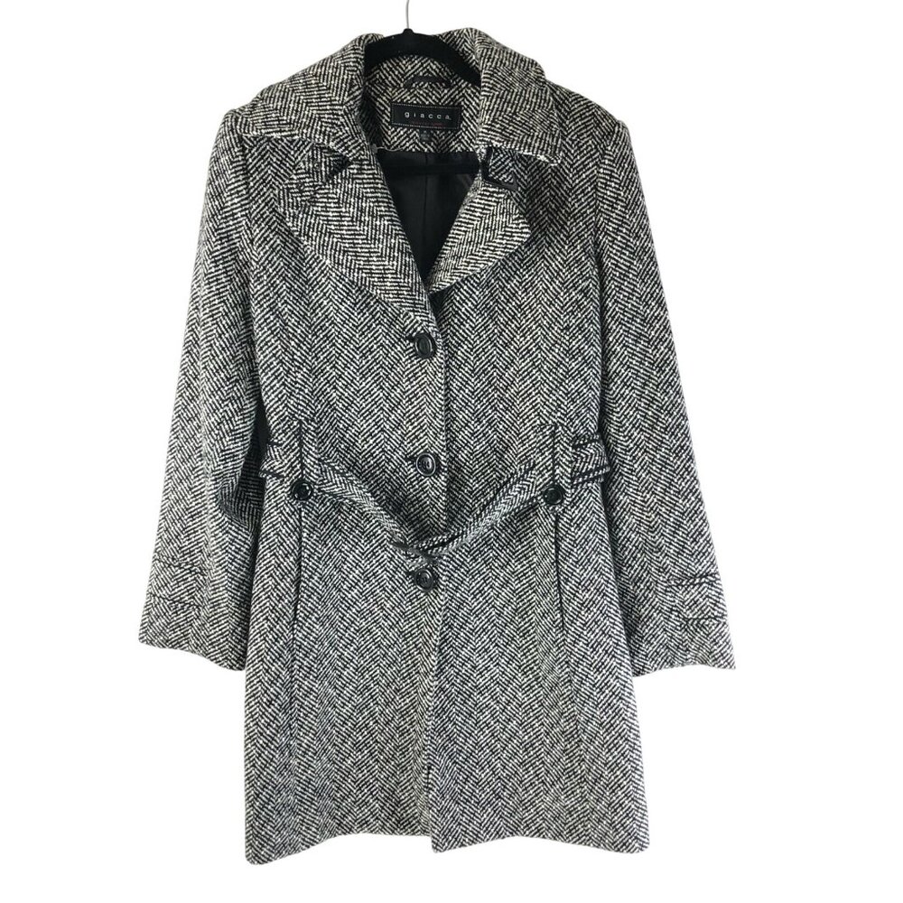 Giacca Womens Coat Herringbone Wool Blend Button Front Pockets Black White M